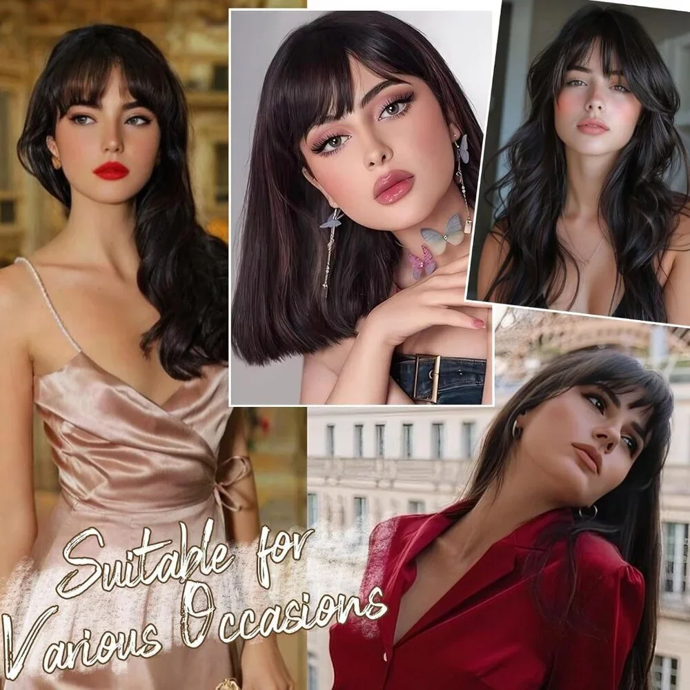 Human Hair Clip In Bangs Dark Brown French Fringe for Women Easy Style